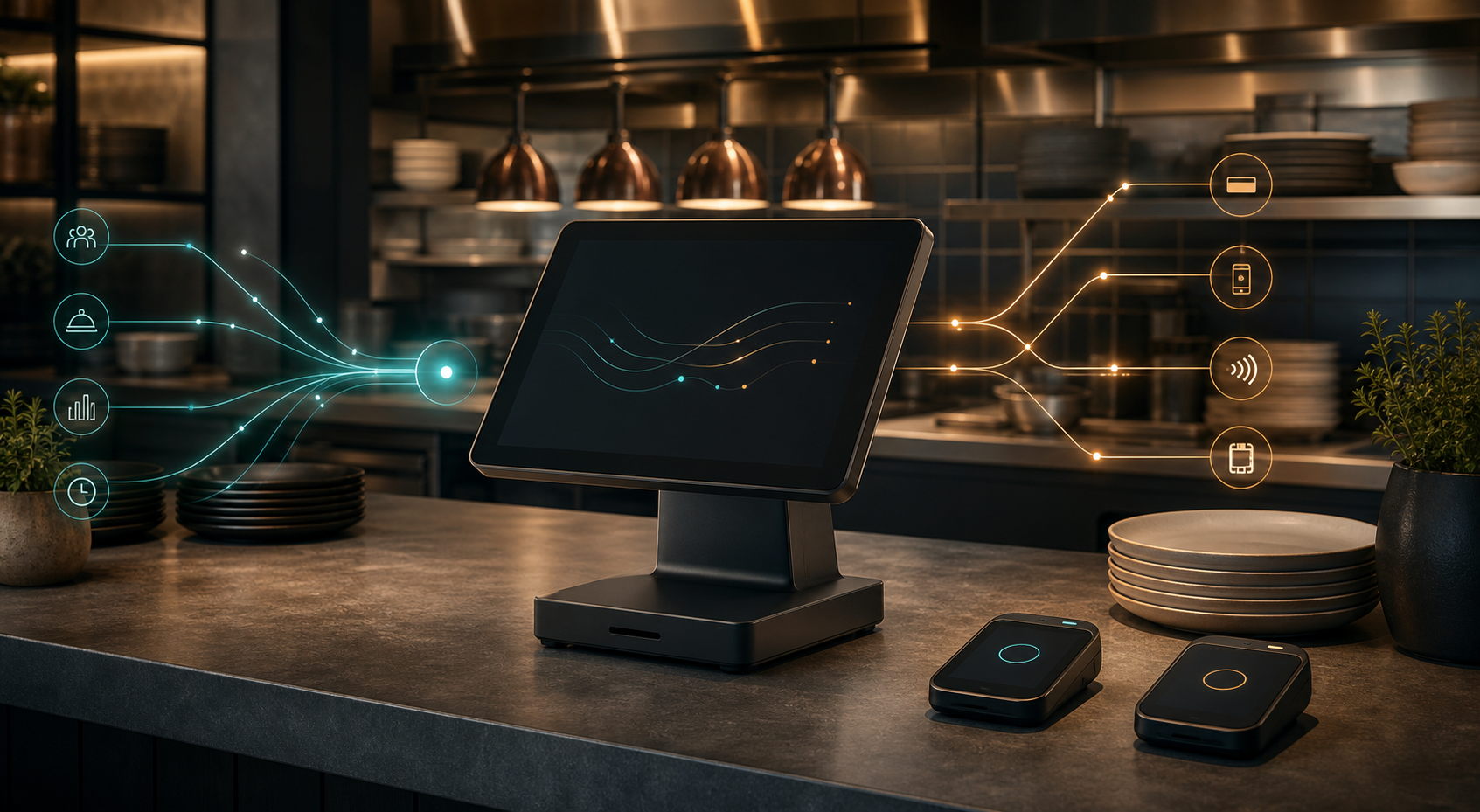 Unbranded restaurant point-of-sale station with abstract unified and flexible payment paths