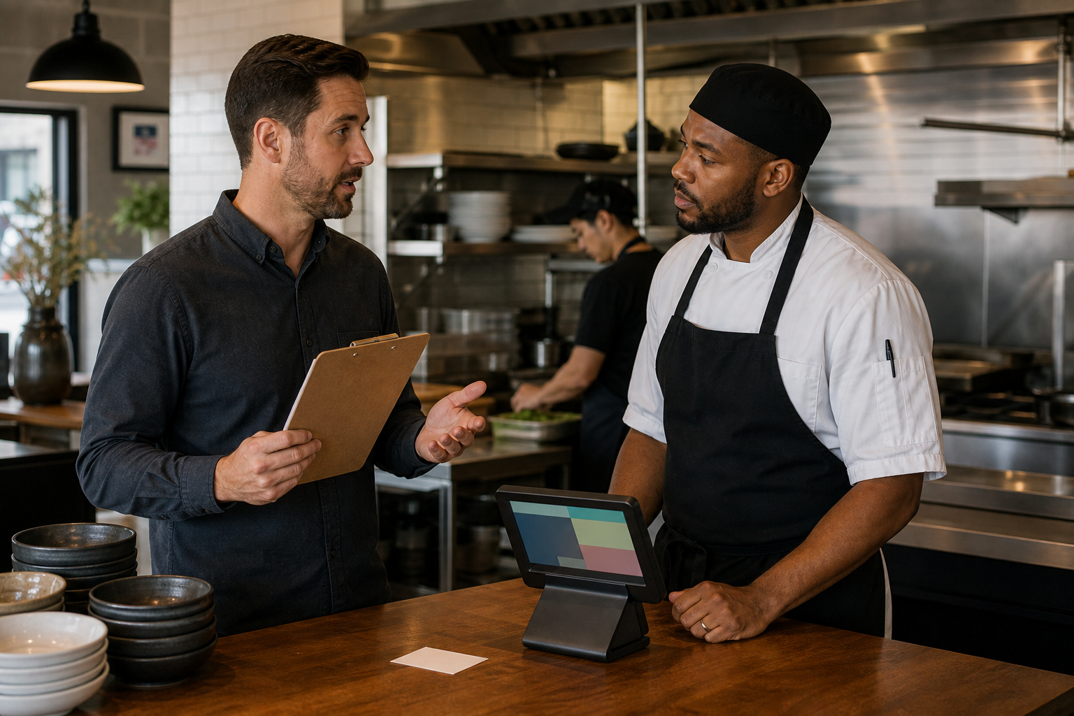 Restaurant manager and chef reviewing a brand-neutral ingredient hold beside an unbranded POS terminal