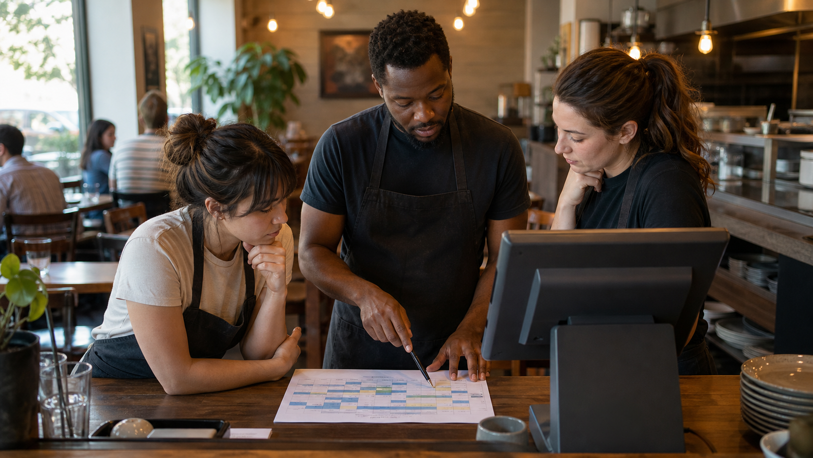 Restaurant team reviewing an abstract staffing plan beside an unbranded point-of-sale terminal